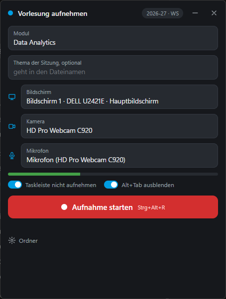 Setup window of the Lecture Recorder with fields for module, screen, camera and microphone
